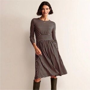 Boden Thea Short Jersey Long Sleeve Dress | Olive Green/Pink Abstract | US 8P